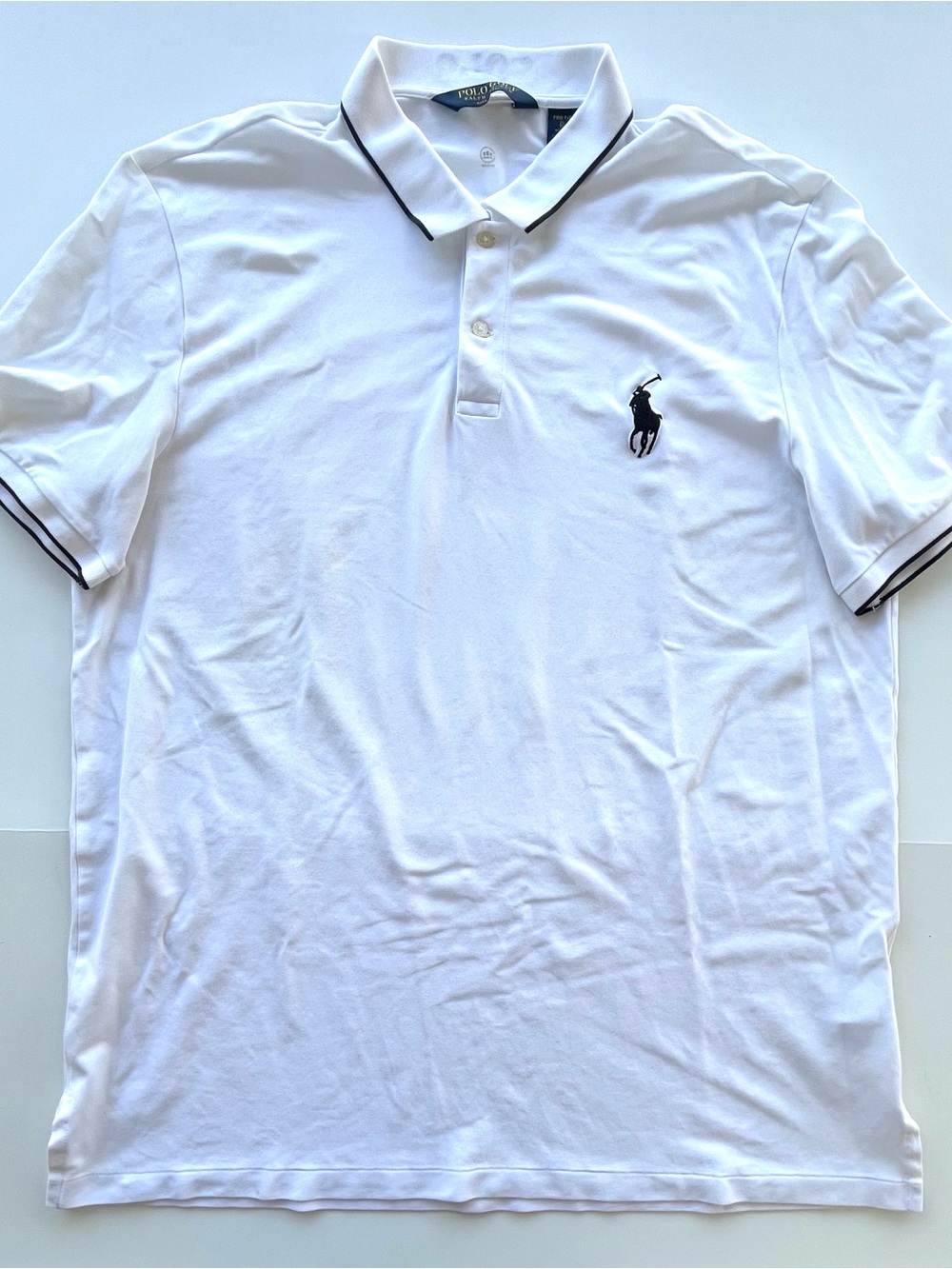 Classic White Polo Golf with Large Black Pony Logo and Trim